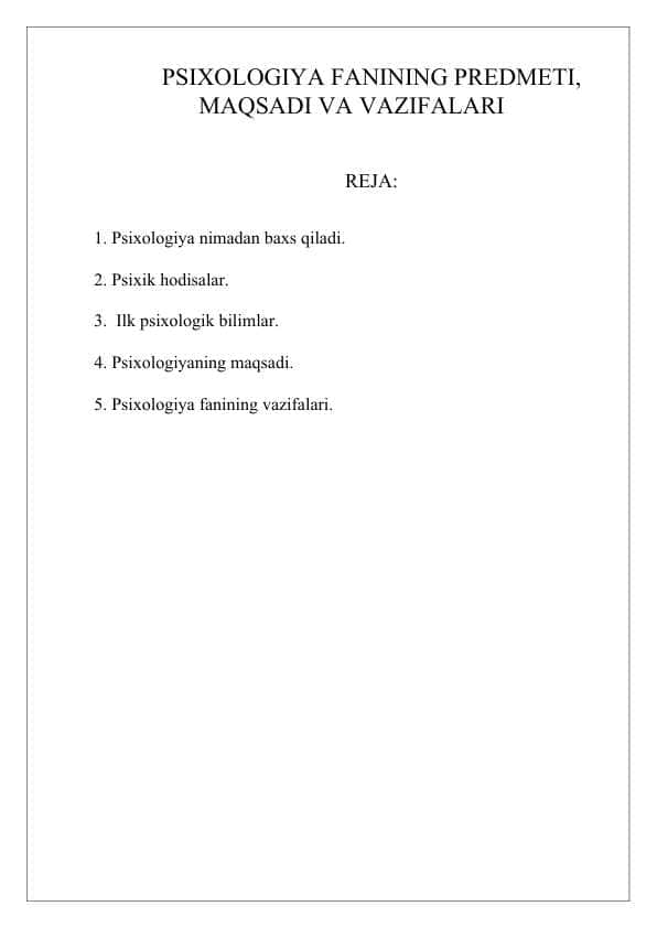 PSIXOLOGIYA FANINING PREDMETI, MAQSADI VA VAZIFALARI