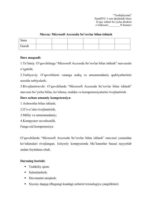 Microsoft Accessda So’rovlar bilan ishlash mavzusida Dars ishlanma