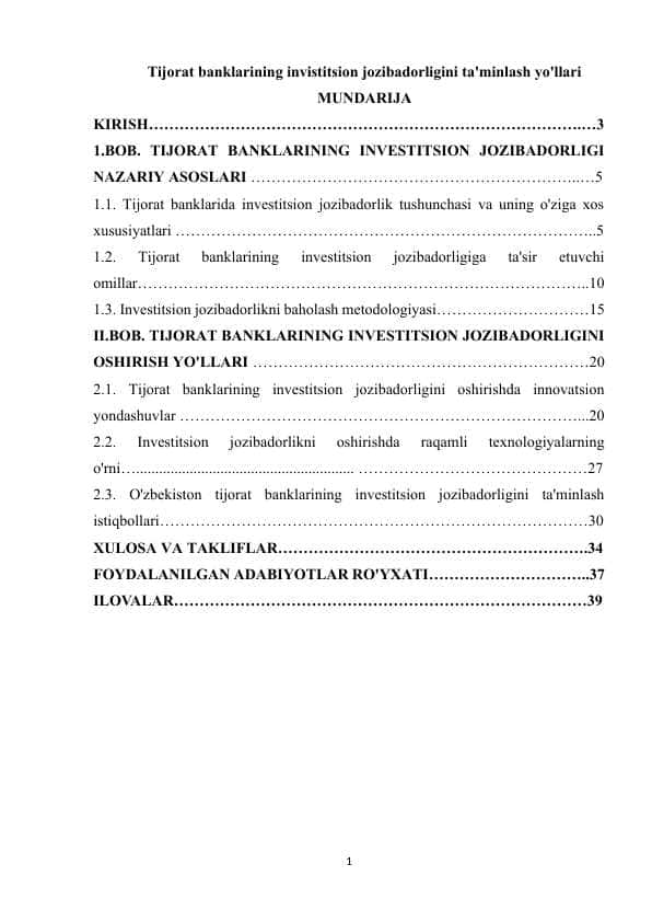 Tijorat banklarining invistitsion jozibadorligini ta'minlash yo'llari