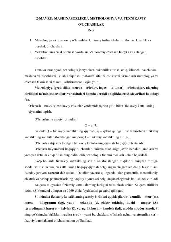 MASHINASOZLIKDA METROLOGIYA VA TEXNIKAVIY O‘LCHASHLAR