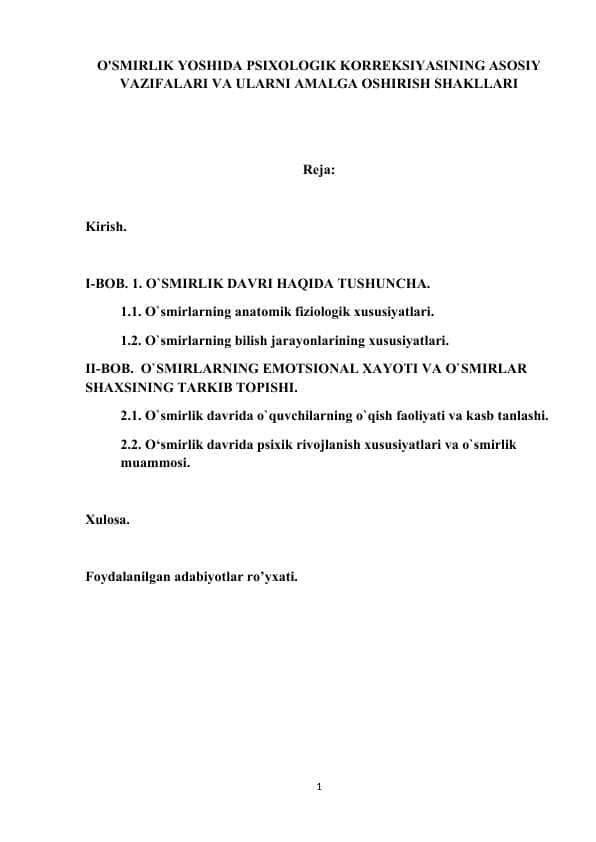 O'SMIRLIK YOSHIDA PSIXOLOGIK KORREKSIYASINING ASOSIY VAZIFALARI VA ULARNI AMALGA OSHIRISH SHAKLLARI