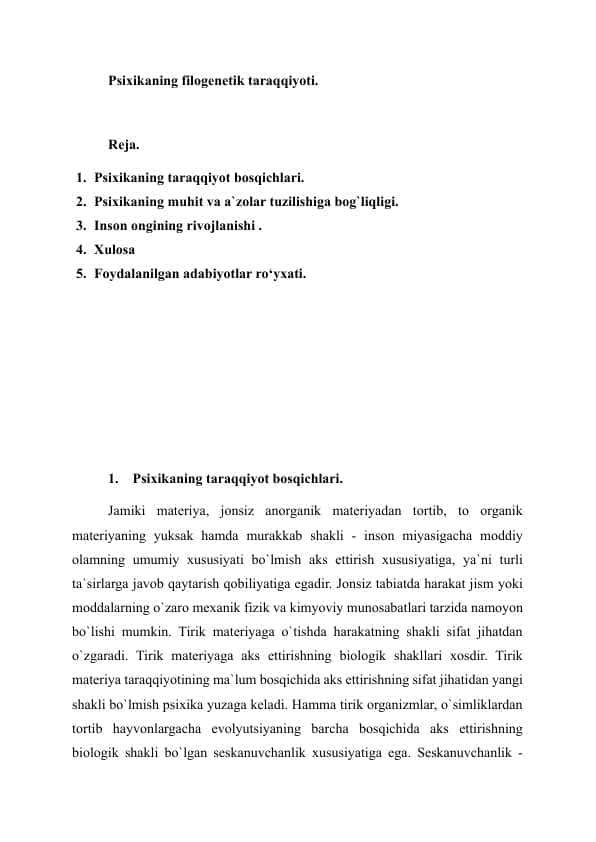 Psixikaning filogenetik taraqqiyoti Referat