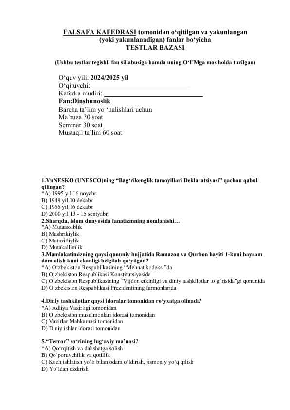 Dinshunoslik fanidan test savollari