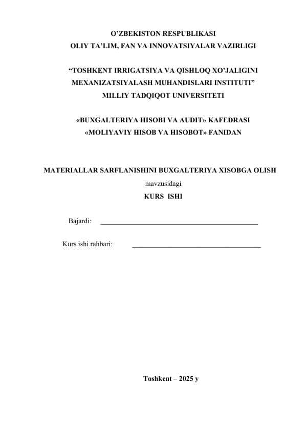 MATERIALLAR SARFLANISHINI BUXGALTERIYA XISOBGA OLISH