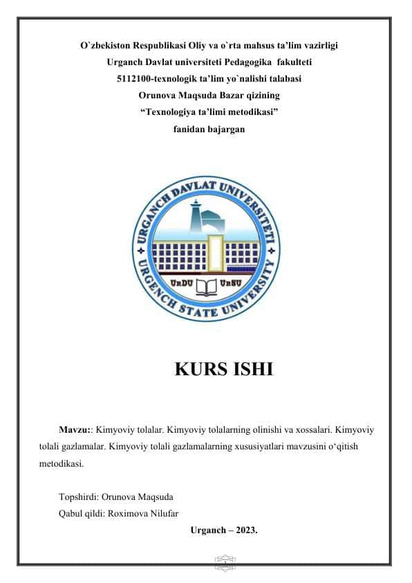 Kimyoviy tolalar. Kimyoviy tolalarning olinishi va xossalari. Kimyoviy tolali gazlamalar. Kimyoviy tolali gazlamalarning xususiyatlari mavzusini o‘qitish metodikasi.