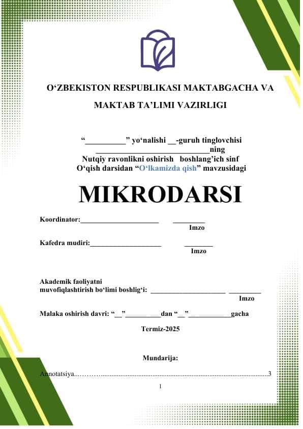 "O'lkamizda qish" dars ishlanmasi (mikrodars)