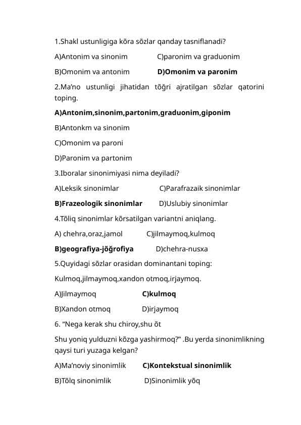 Hozirgi õzbek adabiy tilidan test