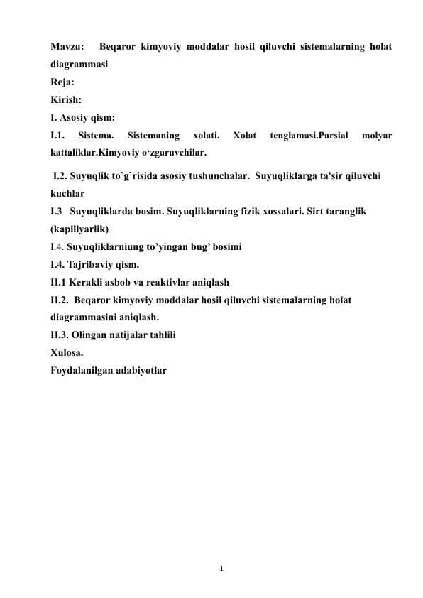 Beqaror kimyoviy moddalar hosil qiluvchi sistemalarning holat diagrammasi