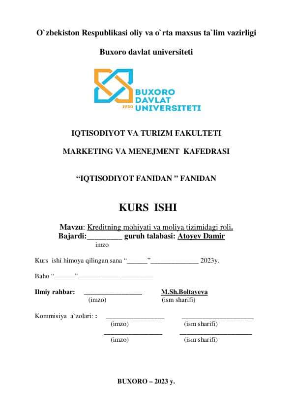 Kreditning mohiyati va moliya tizimidagi roli. kurs ishi