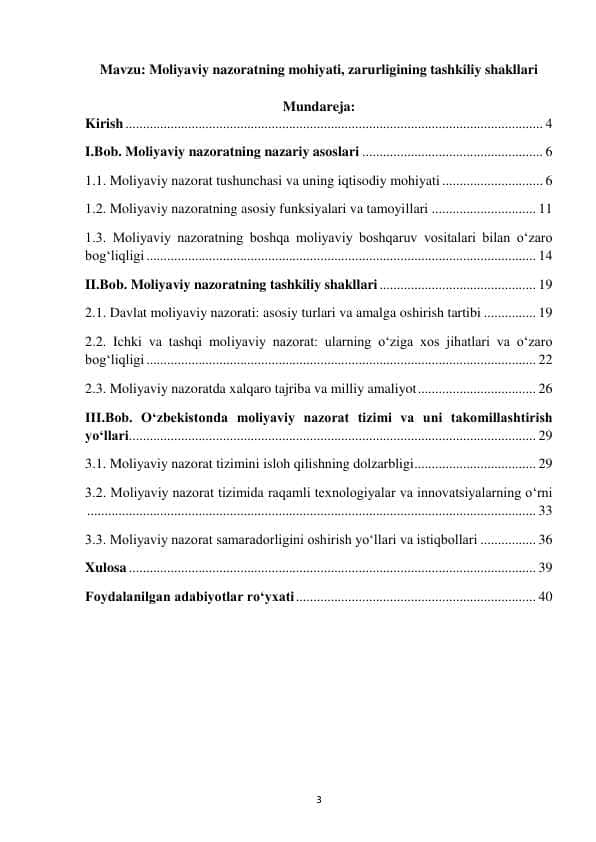Moliyaviy nazoratning mohiyati, zarurligining tashkiliy shakllari