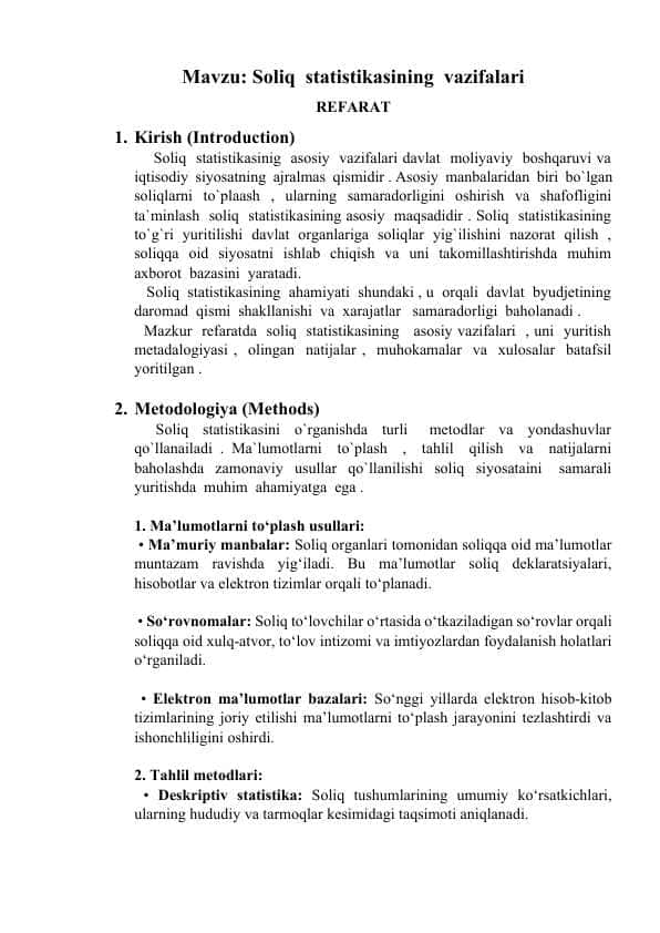 Soliq statistikasining vazifalari