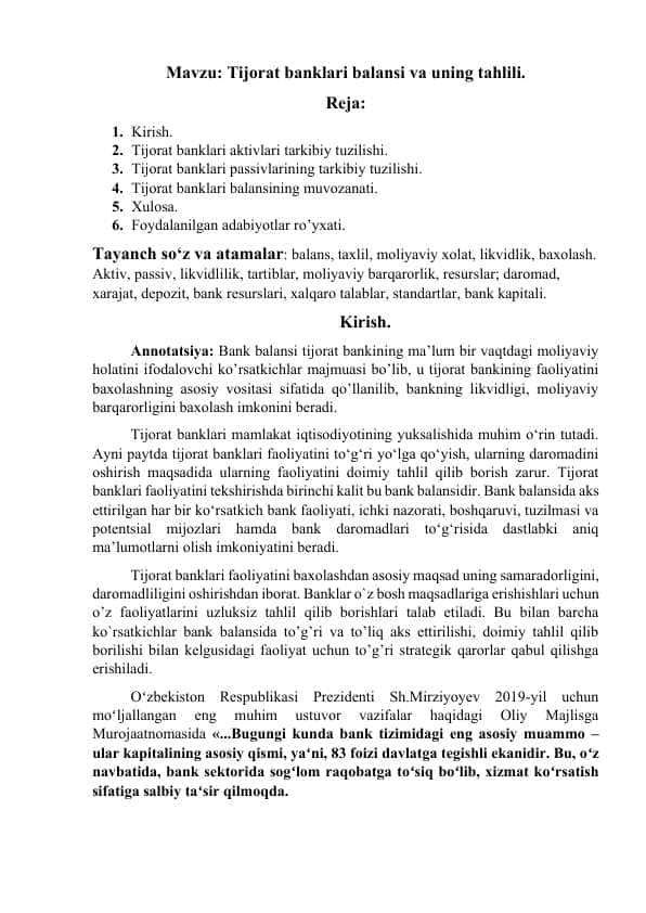 Tijorat banklari balansi va uning tahlili
