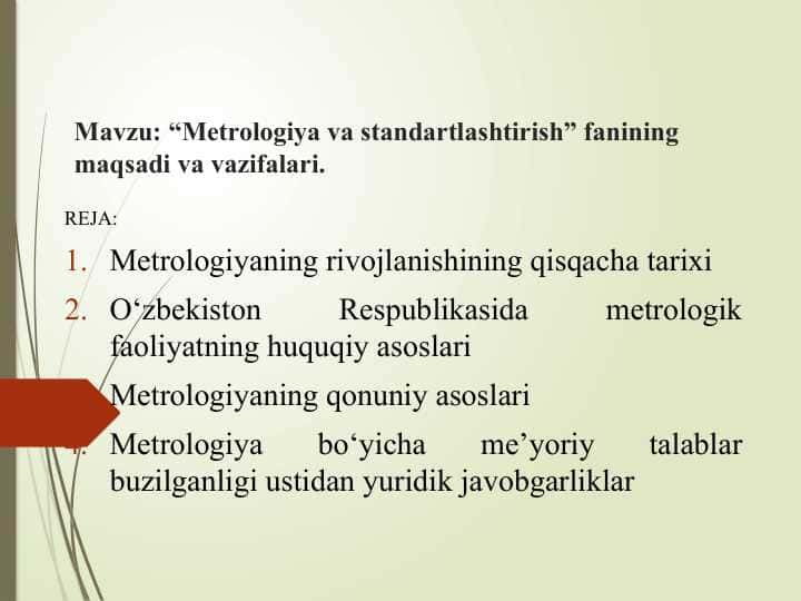 Metrologiya va standartlashtirish fanining maqsadi va vazifalari.