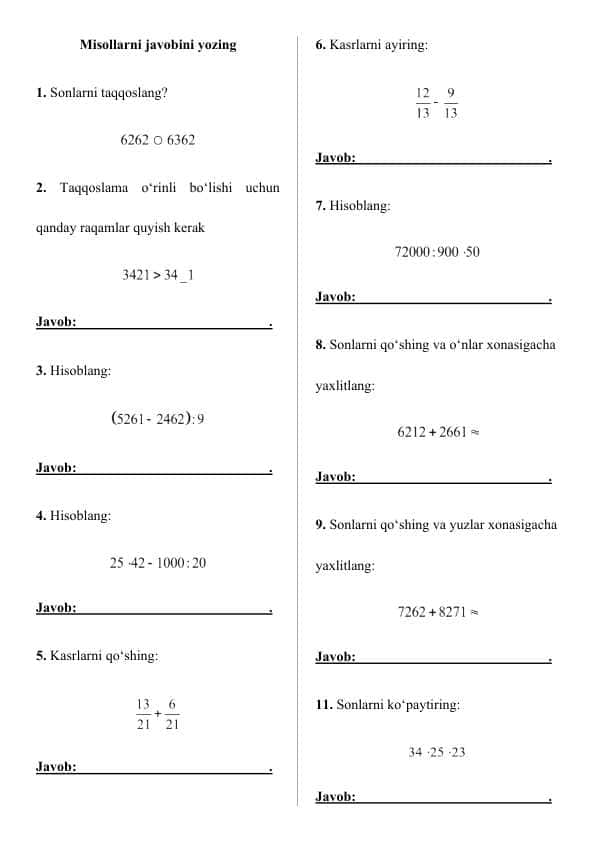 matematikadan 3-4-sinflar uchun
