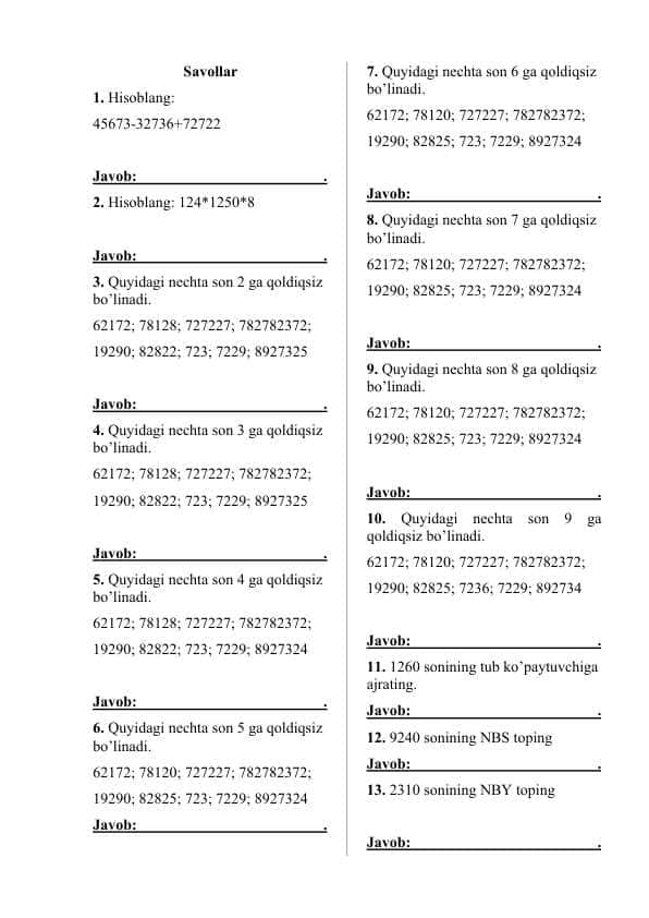 matematikadan repetitorlar uchun 1-qism uchun misollar