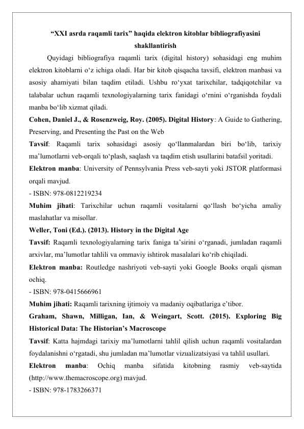 “XXI asrda raqamli tarix” haqida elektron kitoblar bibliografiyasini shakllantirish 25