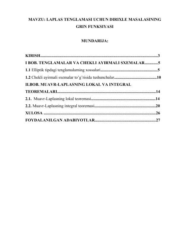 LAPLAS TENGLAMASI UCHUN DIRIXLE MASALASINING GRIN FUNKSIYASI.docx