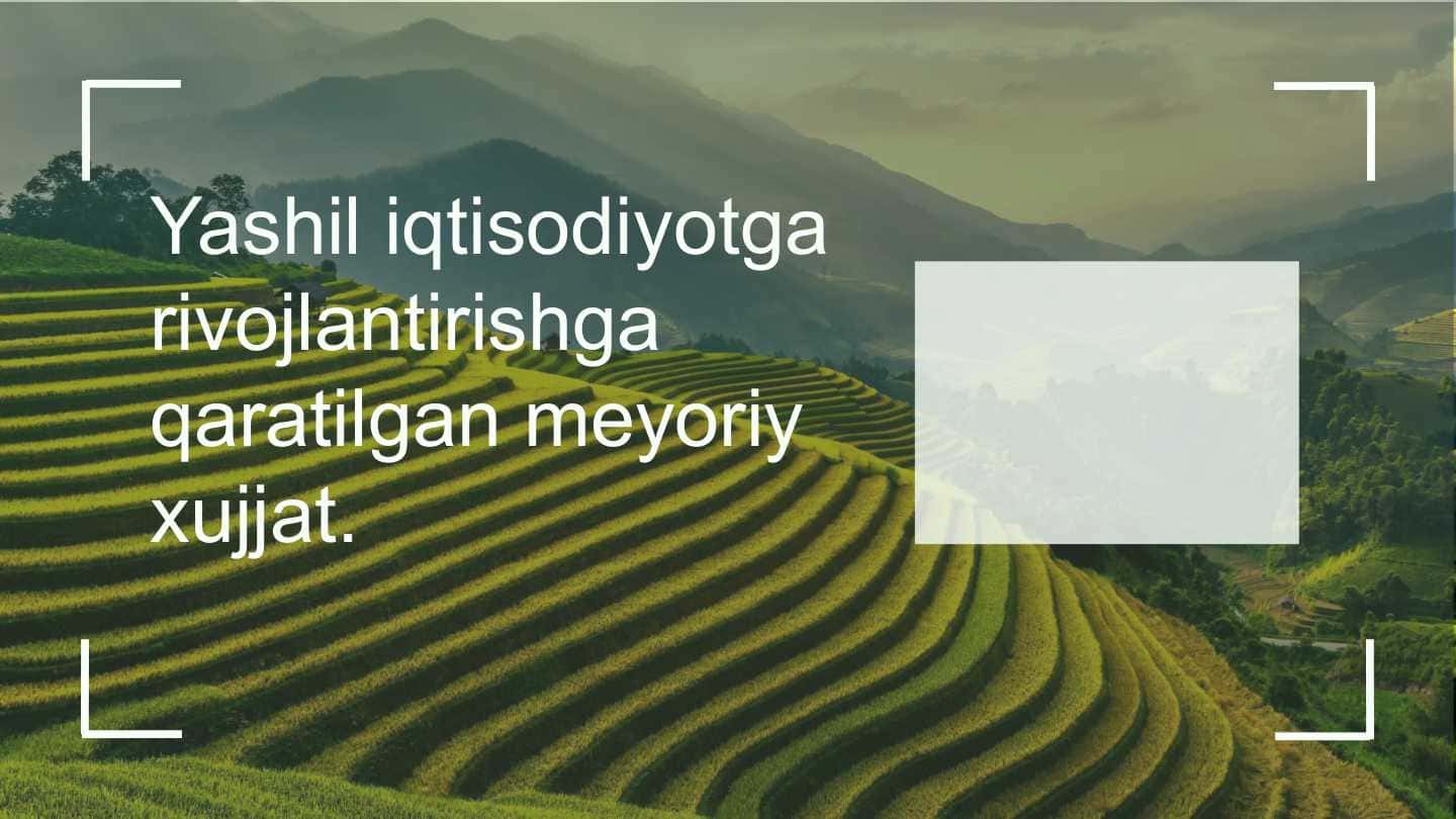Yashil iqtisodiyotga rivojlantirishga qaratilgan meyoriy xujjat.