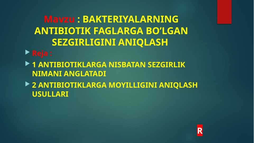 Bakteriyalarning antibiotik faglarga bo'lgan sezgirligini aniqlash.