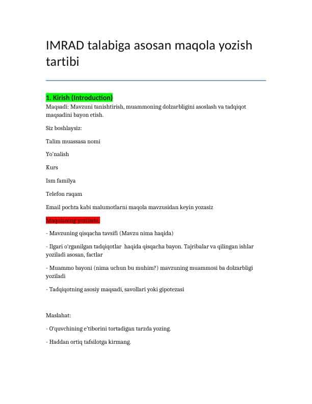 IMRAD talabi asosida maqola yozish tartibi