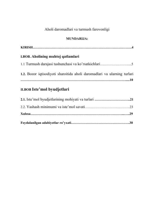 Aholi daromadlari va turmush farovonligi