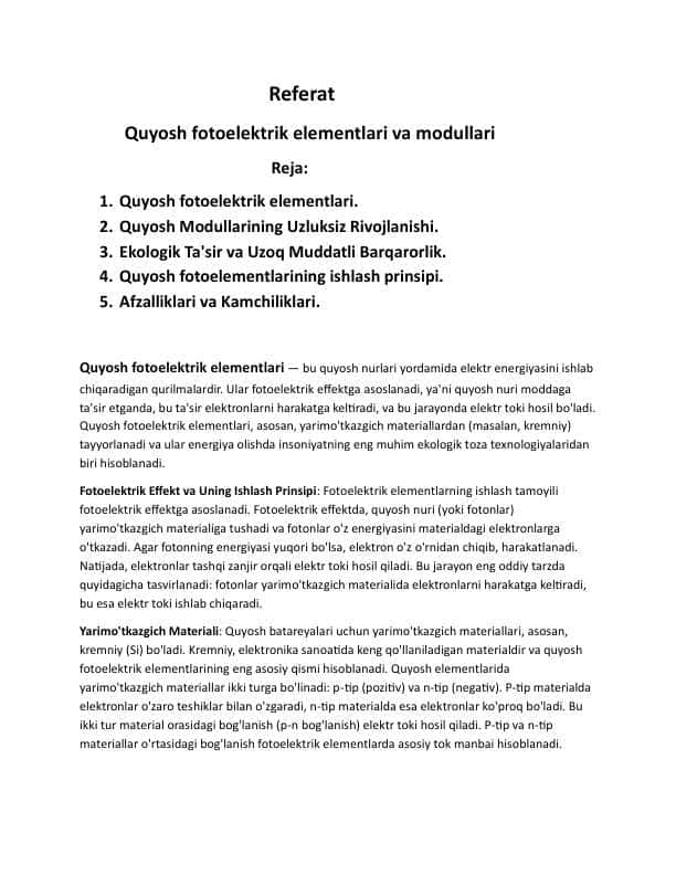 Quyosh fotoelektrik elementlari va modullari Referat