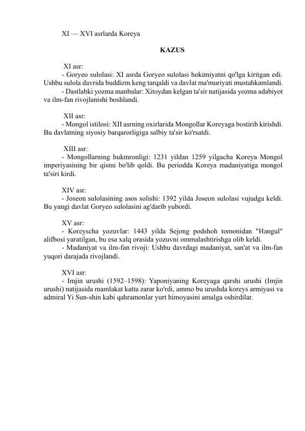 XI — XVI asrlarda Koreya
