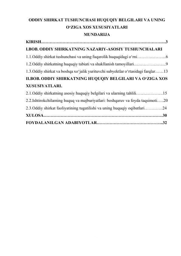ODDIY SHIRKAT TUSHUNCHASI HUQUQIY BELGILARI VA UNING O‘ZIGA XOS XUSUSIYATLARI