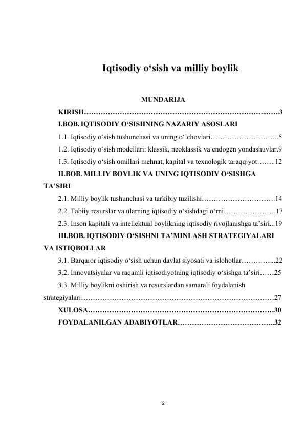 Iqtisodiy o‘sish va milliy boylik