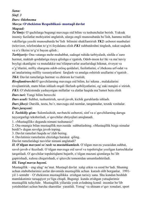 3-sinf O‘zbekiston Respublikasi- mustaqil davlat
