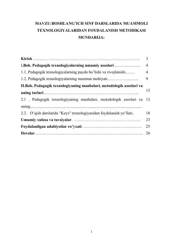 BOSHLANG’ICH SINF DARSLARIDA MUAMMOLI TEXNOLOGIYALARIDAN FOYDALANISH METODIKASI