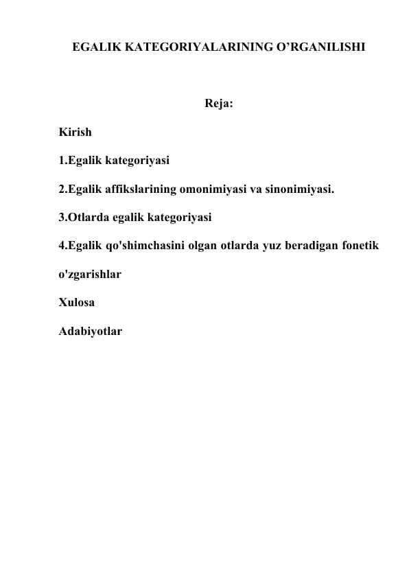 EGALIK KATEGORIYALARINING O’RGANILISHI
