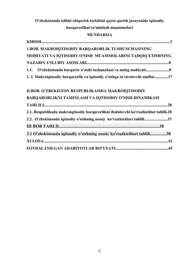 O'zbekistonda ishlab chiqarish tarkibini qayta qurish jarayonida iqtisodiy barqarorlikni ta'minlash muammolariO'zbekistonda ishlab chiqarish tarkibini qayta qurish jarayonida iqtisodiy barqarorlikni ta'minlash muammolari