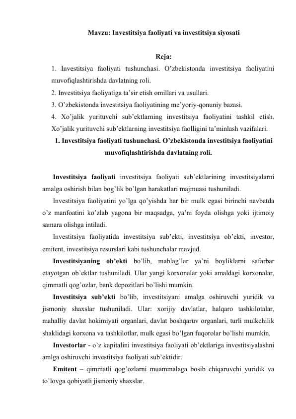 Investitsiya faoliyati va investitsiya siyosati