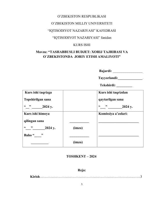 TASHABBUSLI BUDJET: XORIJ TAJRIBASI VA O`ZBEKISTONDA JORIY ETISH AMALIYOTI