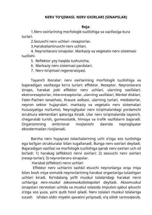 NERV TO‘QIMASI. NERV OXIRLARI (SINAPSLAR)