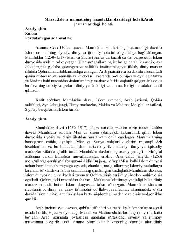 Islom ummatining mamluklar davridagi holati