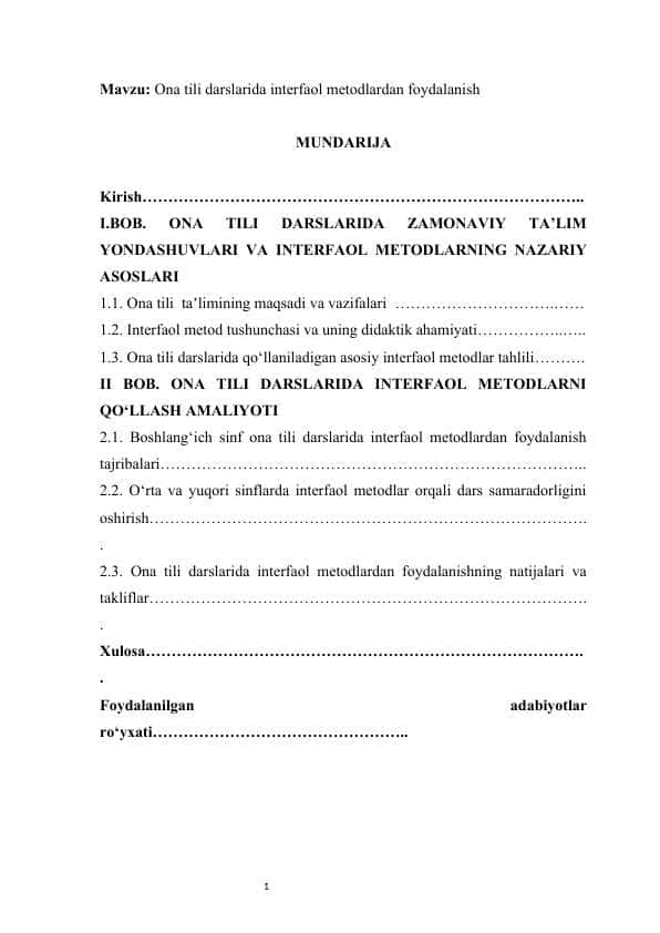 Ona tili darslarida interfaol metodlardan foydalanish kurs ishi