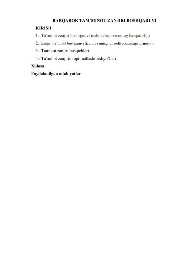 BARQAROR TAM’MINOT ZANJIRI BOSHQARUVI