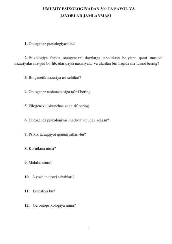 300 ta eng muhim Psixologik savollar!