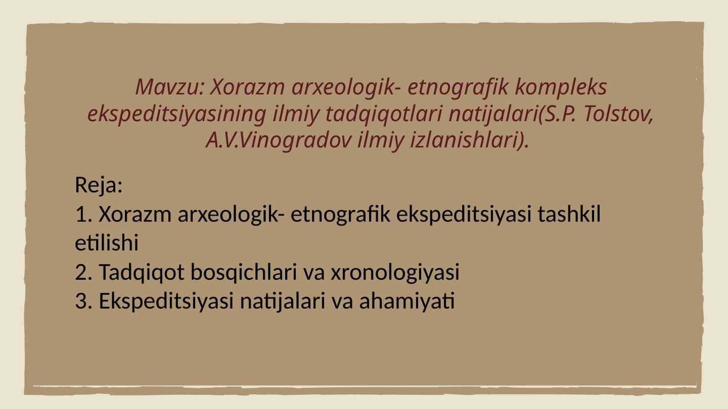 Xorazm arxeologik- etnografik kompleks ekspeditsiyasining ilmiy tadqiqotlari natijalari(S.P. Tolstov, A.V.Vinogradov ilmiy izlanishlari).