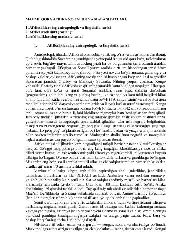 QORA AFRIKA XO‘JALIGI VA MADANIYATLARI