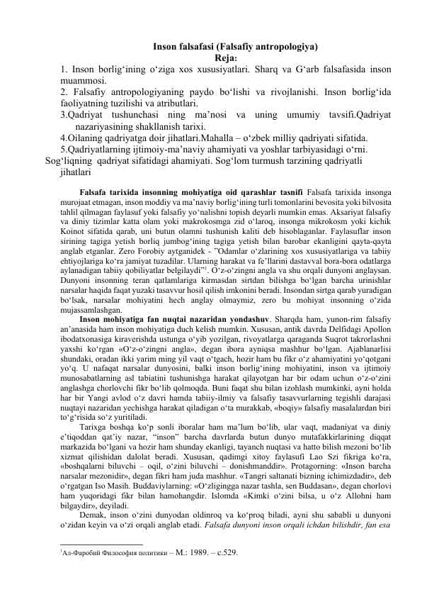 Inson falsafasi Falsafiy antropologiya Qadriyatlar falsafasi aksiologiya