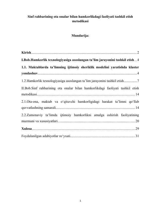 Sinf rahbarining ota onalar bilan hamkorlikdagi faoliyati tashkil etish metodikasi