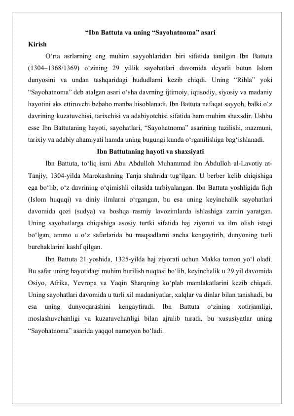 “Ibn Battuta va uning “Sayohatnoma” asari mavzusida esse 25
