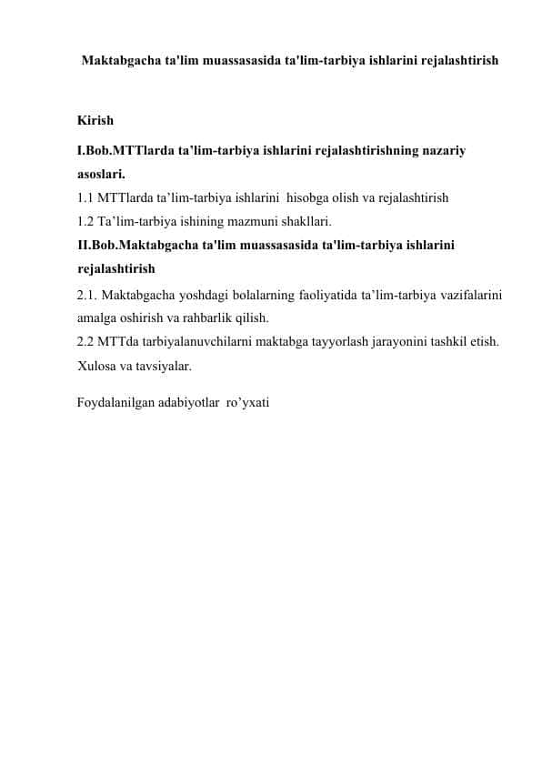Maktabgacha ta'lim muassasasida ta'lim-tarbiya ishlarini rejalashtirish