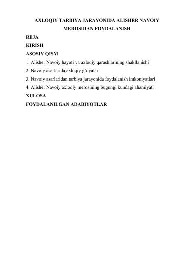 AXLOQIY TARBIYA JARAYONIDA ALISHER NAVOIY MEROSIDAN FOYDALANISH