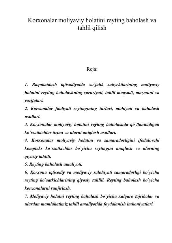Korxonalar moliyaviy holatini reyting baholash va tahlil qilish