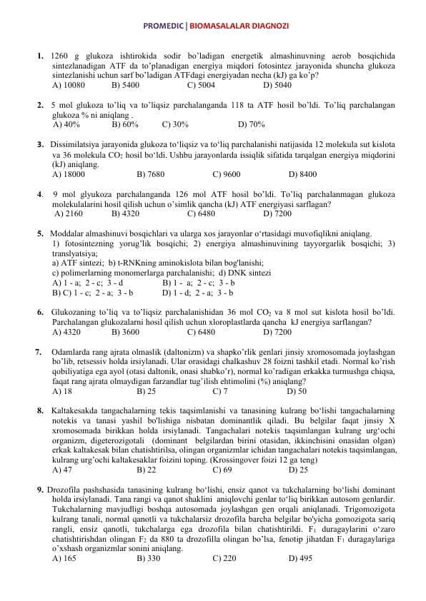 BIOLOGIYADAN MASALALAR//TEST//.