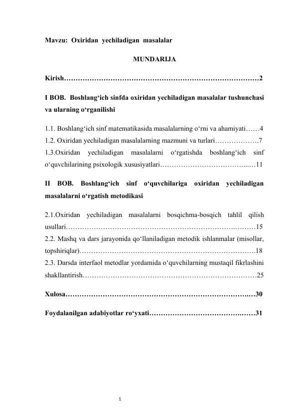 Oxiridan yechiladigan masalalar kurs ishi